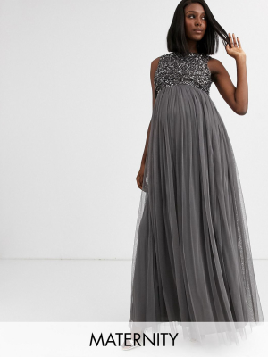 Maya Maternity Bridesmaid Delicate Sequin 2 In 1 Maxi Dress In Dark Gray