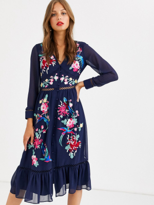 Asos Design Embroidered Skater Midi Dress With Lace Trims And Pephem In Navy