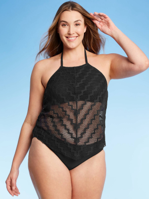 Women's Crochet High Neck Shoreline Chevron Tankini Top - Kona Sol™ Black