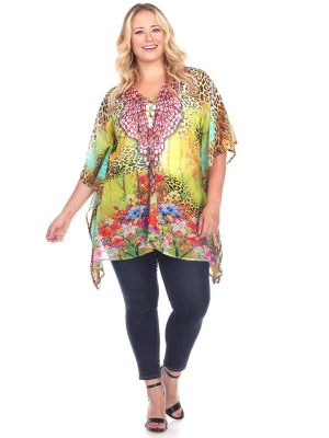 Plus Size Animal Print Caftan With Tie-up Neckline