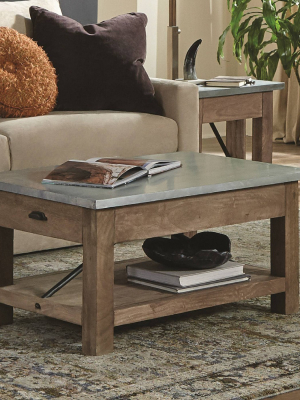 36" Millwork Coffee Table With Shelf Wood And Zinc Metal Silver/light Amber - Alaterre Furniture