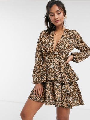 John Zack Plunge Front Skater Dress In Leopard Print