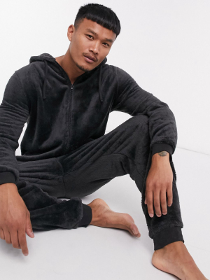 Asos Design Lounge Onesie In Black Fleece