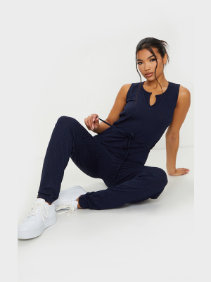 Navy V Neck Tie Waist Rib Jumpsuit