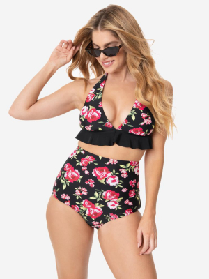 Unique Vintage Black & Pink Floral High Waist Louise Swim Bottoms