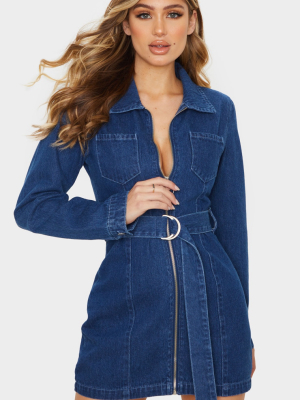 Dark Blue Wash Zip Up Belted Long Sleeve 2...