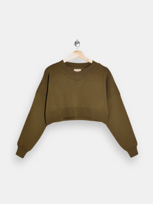 Khaki High V Neck Cropped Knitted Sweater