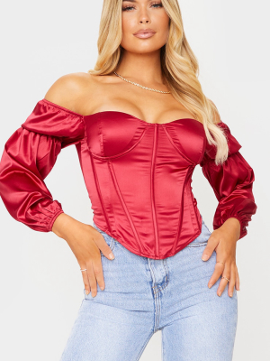 Scarlet Satin Bardot Balloon Sleeve Corset Top