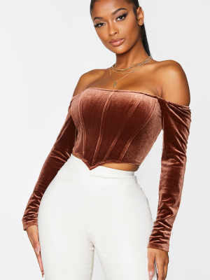 Shape Chocolate Brown Velvet Bardot Long Sleeve...