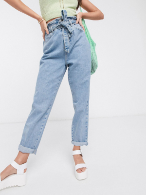 New Look Paperbag Tie Waist Jean In Light Blue