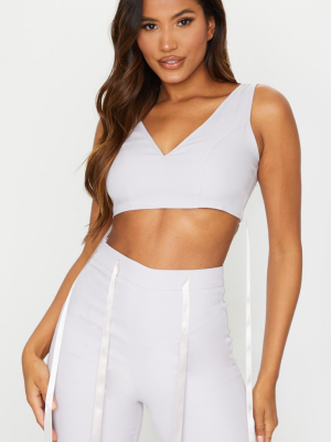 Light Grey Woven Plunge Satin Tie Detail Bralet