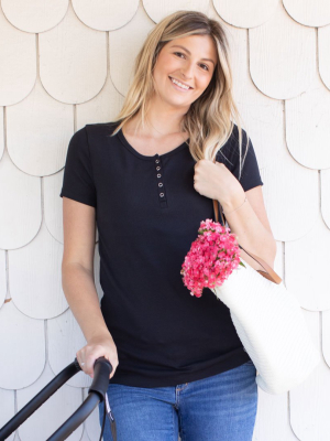 Organic Cotton Nursing & Maternity Henley Short Sleeve T-shirt | Black