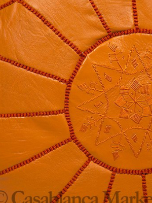 Embroidered Leather Pouf, Orange