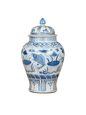 Fish Lotus Small Porcelain Temple Jar