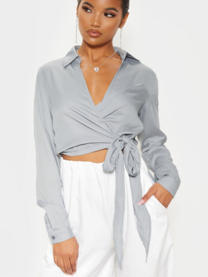 Lead Grey Avalyn Wrap Front Tie Side Blouse