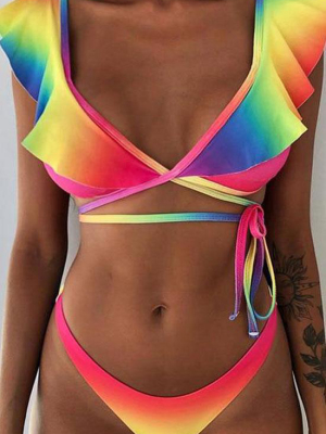 Rainbow Color Brazilian Cut Ruffle Tie String Bikini Swimsuit - Two Piece Set