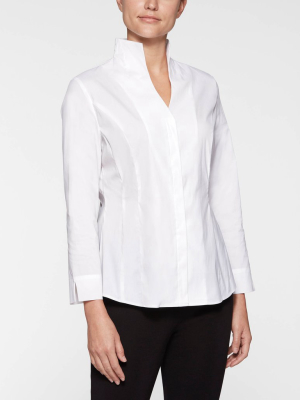 Hi-neck Stretch Cotton Blouse, White