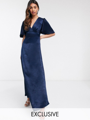 Flounce London Exclusive Plunge Satin Maxi Tea Dress With Flutter Sleeve In Navy