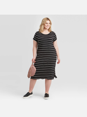 Women's Plus Size Striped Short Sleeve T-shirt Dress - Ava & Viv™ Black/white