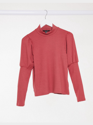 New Look Ribbed Puff Sleeve Top In Raspberry