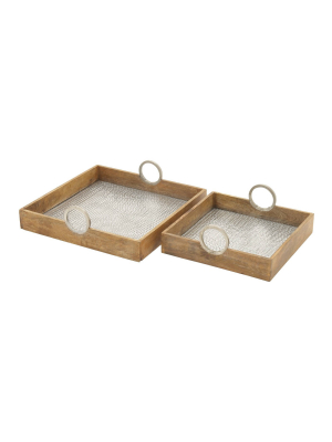 Set Of 2 Farmhouse Mango Wood And Metal Dimple Trays Brown - Olivia & May