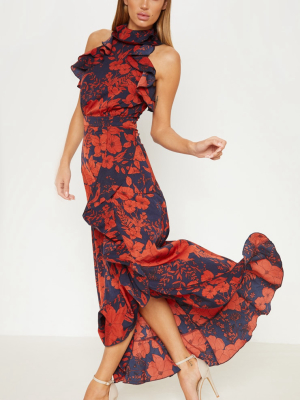 Navy Floral Print Frill Detail Wrap Maxi Dress