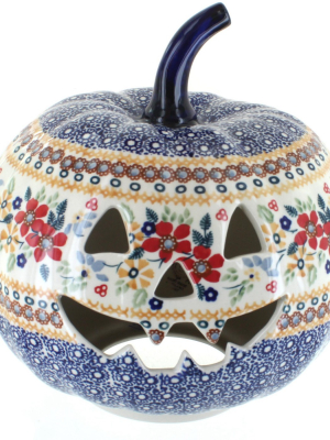 Blue Rose Polish Pottery Red Daisy Large Pumpkin Luminary