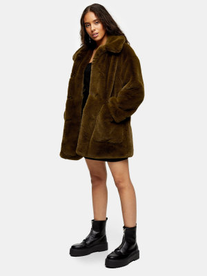 Petite Khaki Velvet Faux Fur Jacket