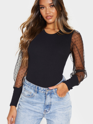 Black Dobby Mesh Sleeve Bodysuit