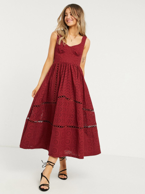 Asos Design Broderie Cupped Midi Skater Prom Dress In Oxblood