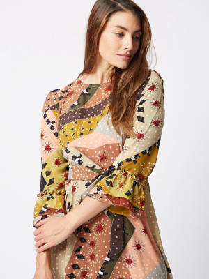 Frill Printed Midi Dress In Multicolour