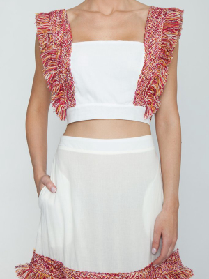 Gisborne Cropped Blouse - White & Jazzy Fringes Red