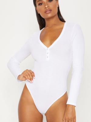 White Long Sleeve Popper Detail Thong Bodysuit