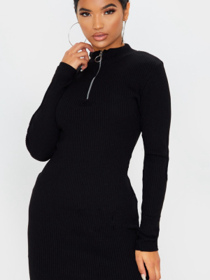 Black High Neck Zip Front Rib Knit Dress