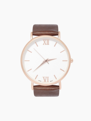 Sarah Round Watch W/ Faux Leather Strap - Brown/white