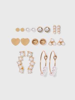 Heart And Simulated Pearl Multi Earring Set 9pc - Wild Fable™ Gold