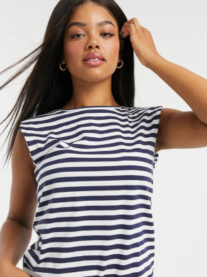 Stradivarius Round Neck Shoulder Pad Striped T-shirt In Black