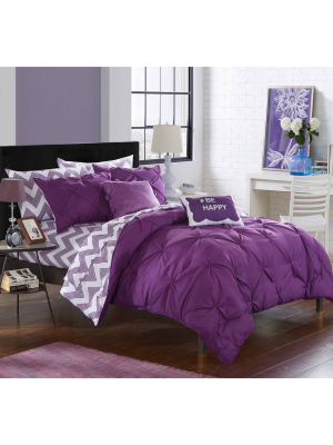 Foxville Pinch Pleated And Ruffled Chevron Print Reversible Multi Piece Comforter Set - Chic Home Design®