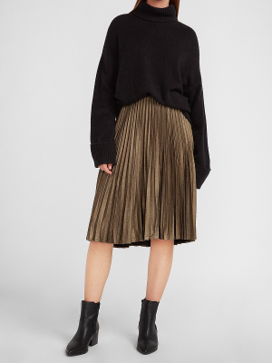 High Waisted Metallic Foil Pleated Midi Skirt