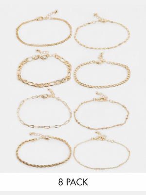 Asos Design Pack Of 8 Bracelets In Mixed Layering Chains In Gold Tone