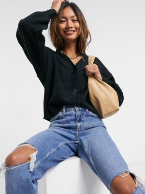 Asos Design Button Through Fluffy Boxy Cardi In Black