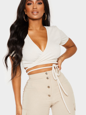 Shape Stone Ribbed Short Sleeve Wrap Waist Crop...