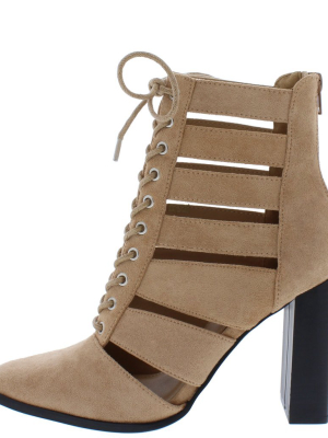 Cilic Taupe Caged Lace Up Block Heel Ankle Boot