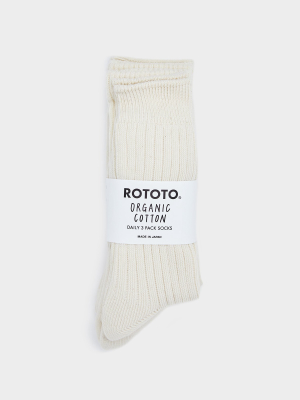 Rototo Organic Daily 3 Pack Crew Socks In Ecru