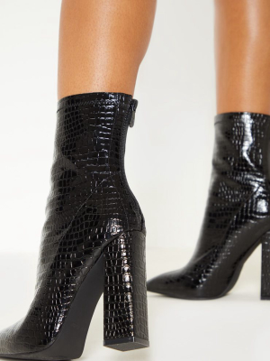 Black Croc Block Heel Point Boot