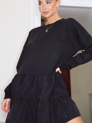 Black Woven Tiered Hem Sweat Sweater Dress