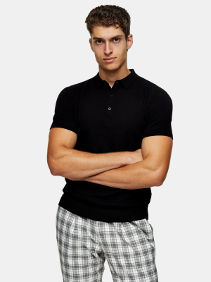 Considered Black Button Through Knitted Polo