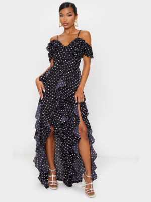 Black Polka Dot Cold Shoulder Ruffle Detail...