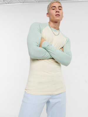 Asos Design Muscle Fit Long Sleeve Raglan T-shirt In Beige With Light Green Sleeves