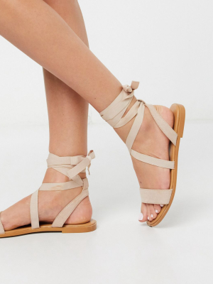 Asos Design Finland Tie Leg Flat Sandals In Beige